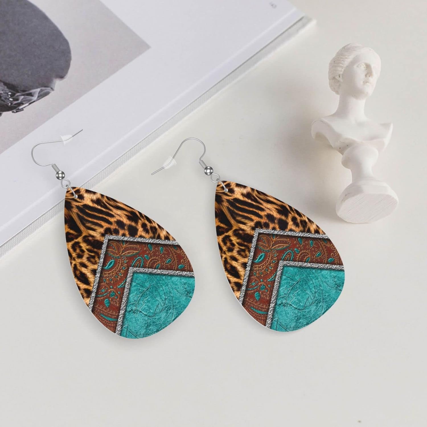 Leopard Print Blue Green Brown Faux Leather Teardrop Earrings for Women Drop Dangle Earrings - Image 5