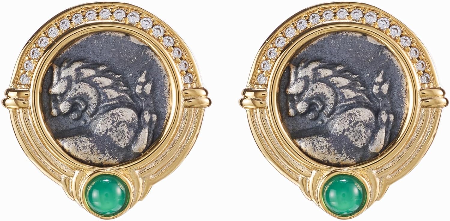 Stud Earring, Ancient Greek Lion Signet 925 Sterling Silver Coin earring, 18K Gold Plated, Roman Art Mythology, Jewelry Gift For Women.