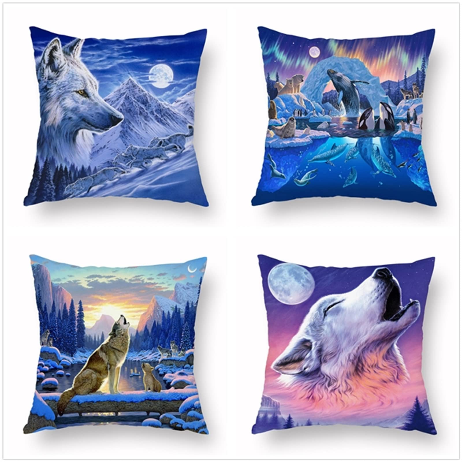 Set di 4 Federe Cuscini Divano Poliestere Biancheria Peluche Corto Gettare Impermeabili Decorativo Caso Federa per Cuscino Divano Auto Esterno Giardino Home Decor （60x60cm/Lupo Solitario）