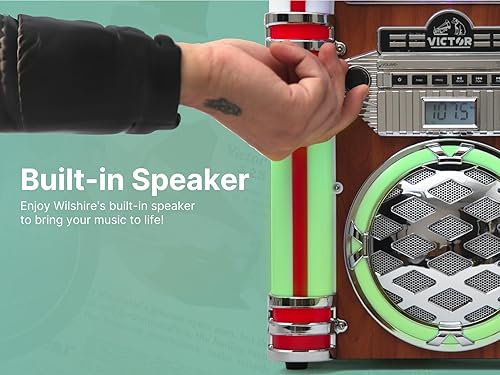 Miniatura 9 de VICTOR Wilshire Jukebox Bluetooth de escritorio con radio FM, altavoz estéreo integrado e iluminación LED multicolor, caoba (VDTJ-1450-MH)