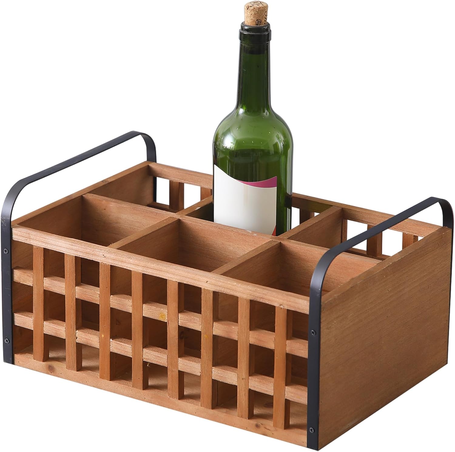 Farmhouse 6 Bottle Wood Wine Racks Countertop with Metal Handles, 9 X 13 Inch Handmade Small Rustic Wooden Crates for Display, Bottle Holder Decorative for Kitchen, Gifts for Wine Lovers