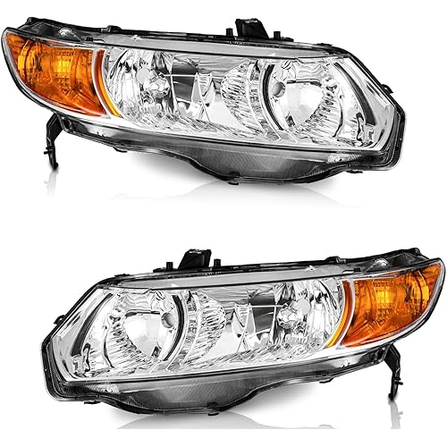 WEELMOTO for 2006-2011 Honda Civic 2-Door Coupe Headlight Assembly Pair Headlamp Chrome Housing Amber Reflector Left+Right Side