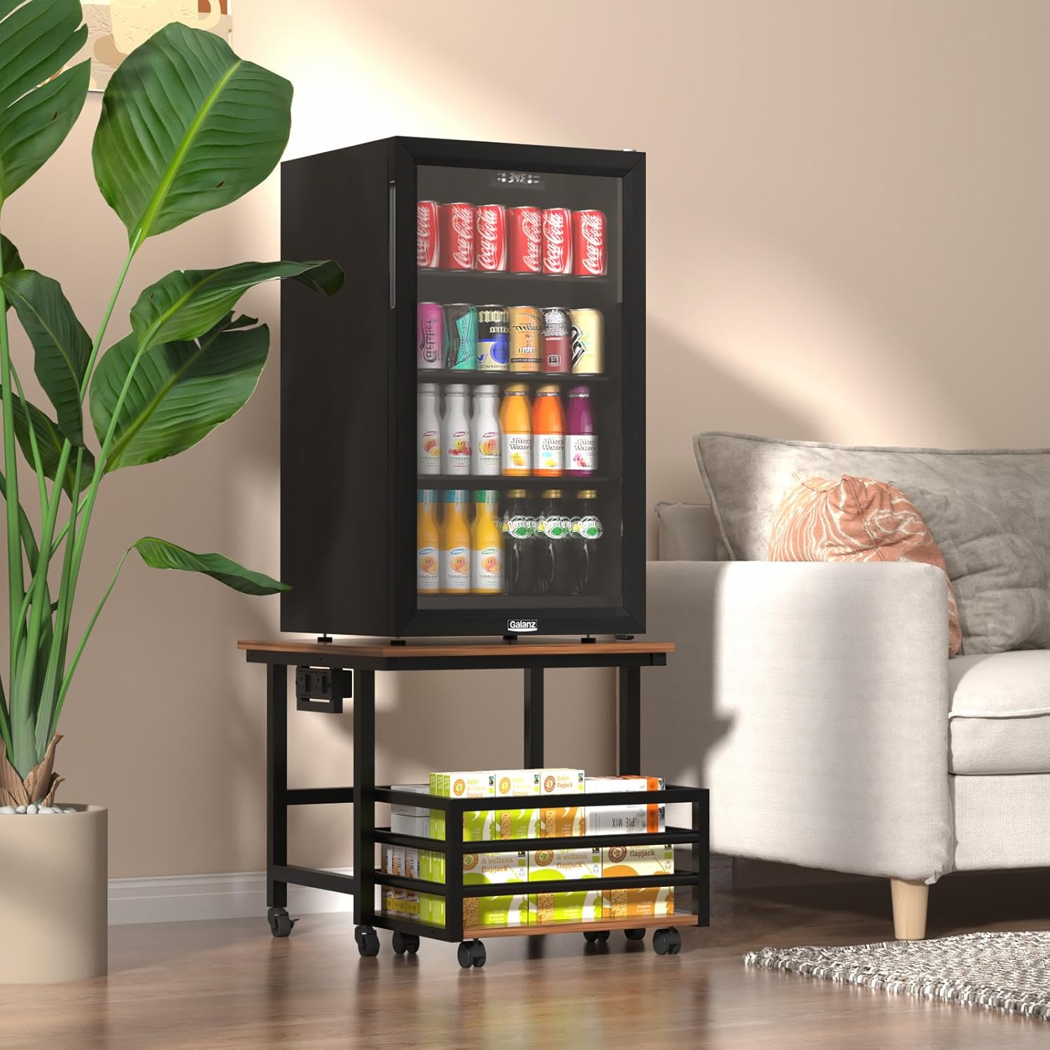 Mini Fridge Stand with Pull-Out Basket, 19.7" x 19.7" Large Tabletop Heavy Duty Stand with Adjustable Feet & Wheels, for Kitchen, Dorm, Office, Rustic Brown and Black