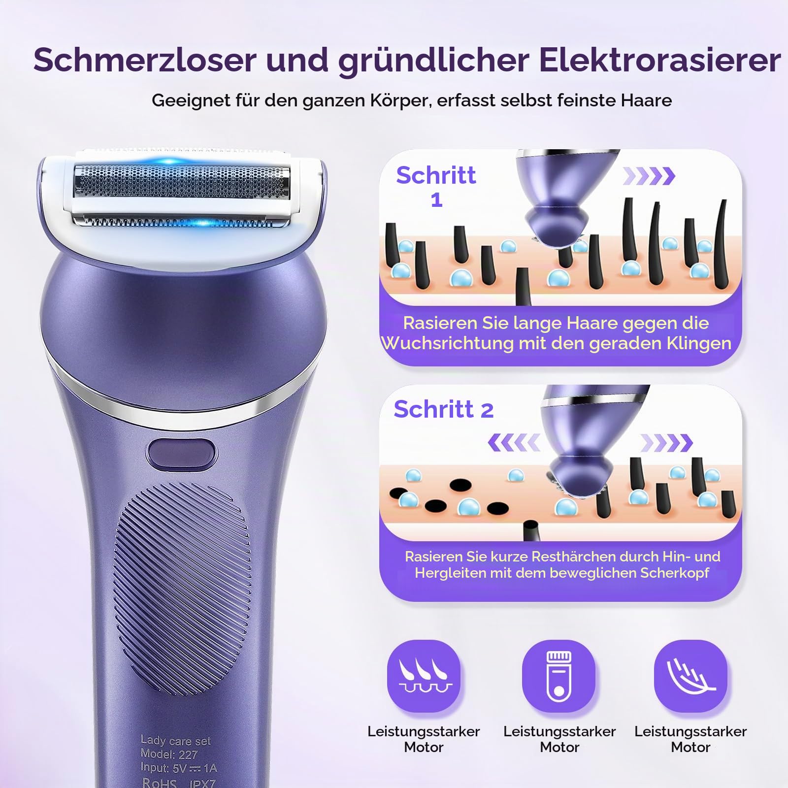 7-in-1 Epilierer Set für Damen, Kabelloser Nass- und Trockenepilierer mit LED-Licht, Gesichts- und Körperepilierer, IPX7 Wasserdicht, 90 Min Laufzeit