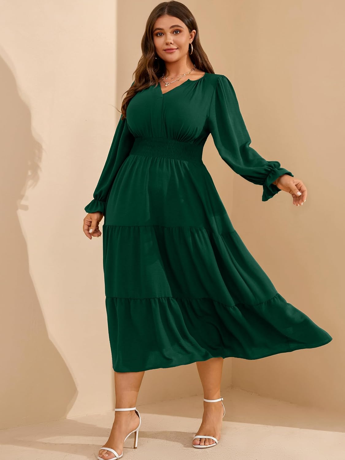 RWJ Womens Plus Size Fall Dress Long Sleeve V Neck Tiered A-Line Elegant Formal Casual Wedding Guest Maxi Dresses - Image 3