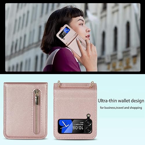 Miniatura 4 de Funda para Samsung Galaxy Z Flip 4, monederos para teléfono con bandolera y correa de pulsera, funda de piel sintética con bloqueo RFID (oro rosa)
