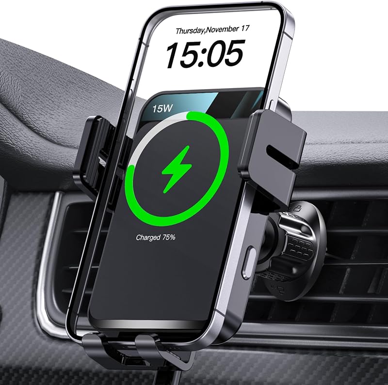 Carregador veicular sem fio MOKPR com suporte para saída de ar, fixação automática e carregamento de até 15 W