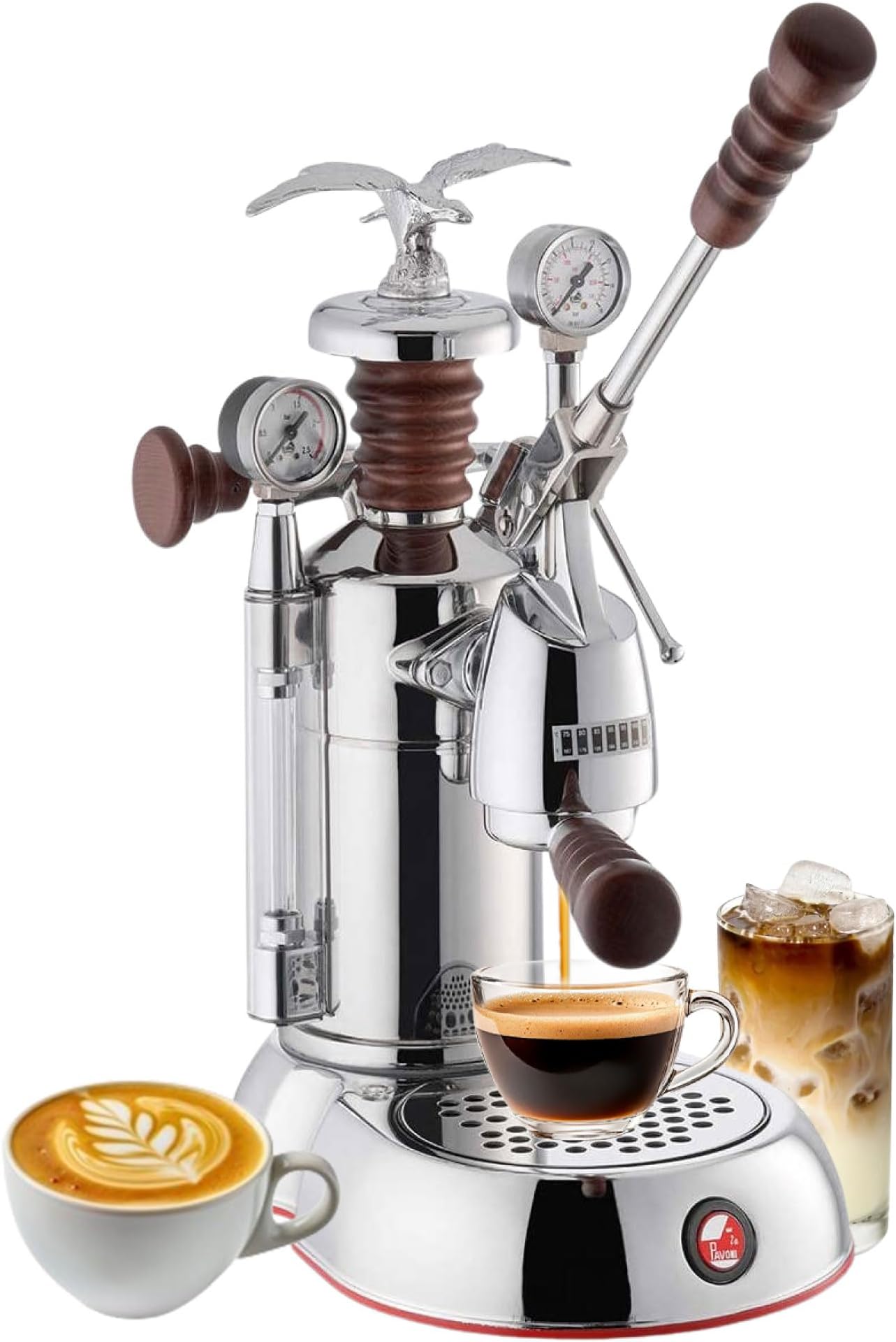 La Pavoni Esperto Abile 16 Cup Espresso Machine | Chrome Finish with Custom Rosewood Handles | 32 oz Nickel Plated Boiler | Dual Foaming Systems with Pressure Gauge
