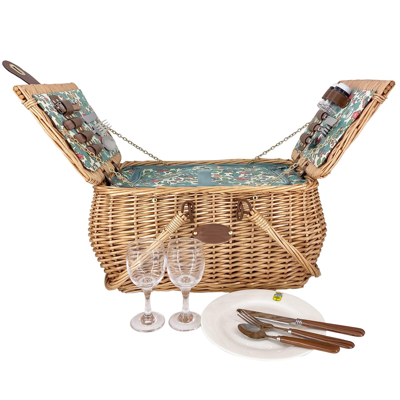 Les Jardins de la Comtesse - Picknickkorb Giverny – 2 Personen – Grün – komplett mit Kühlfach – Geschirr inklusive – Blumenmotiv – 45 x 36 x 23 cm