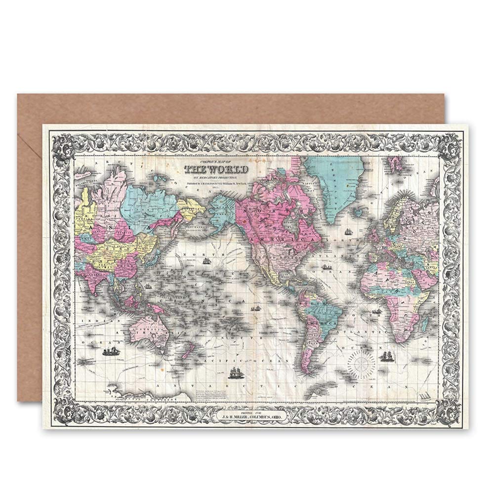 Wee Blue Coo 1852 COLTON'S MAP THE WORLD ON MERCATOR'S PROJECTIO GREETINGS CARD