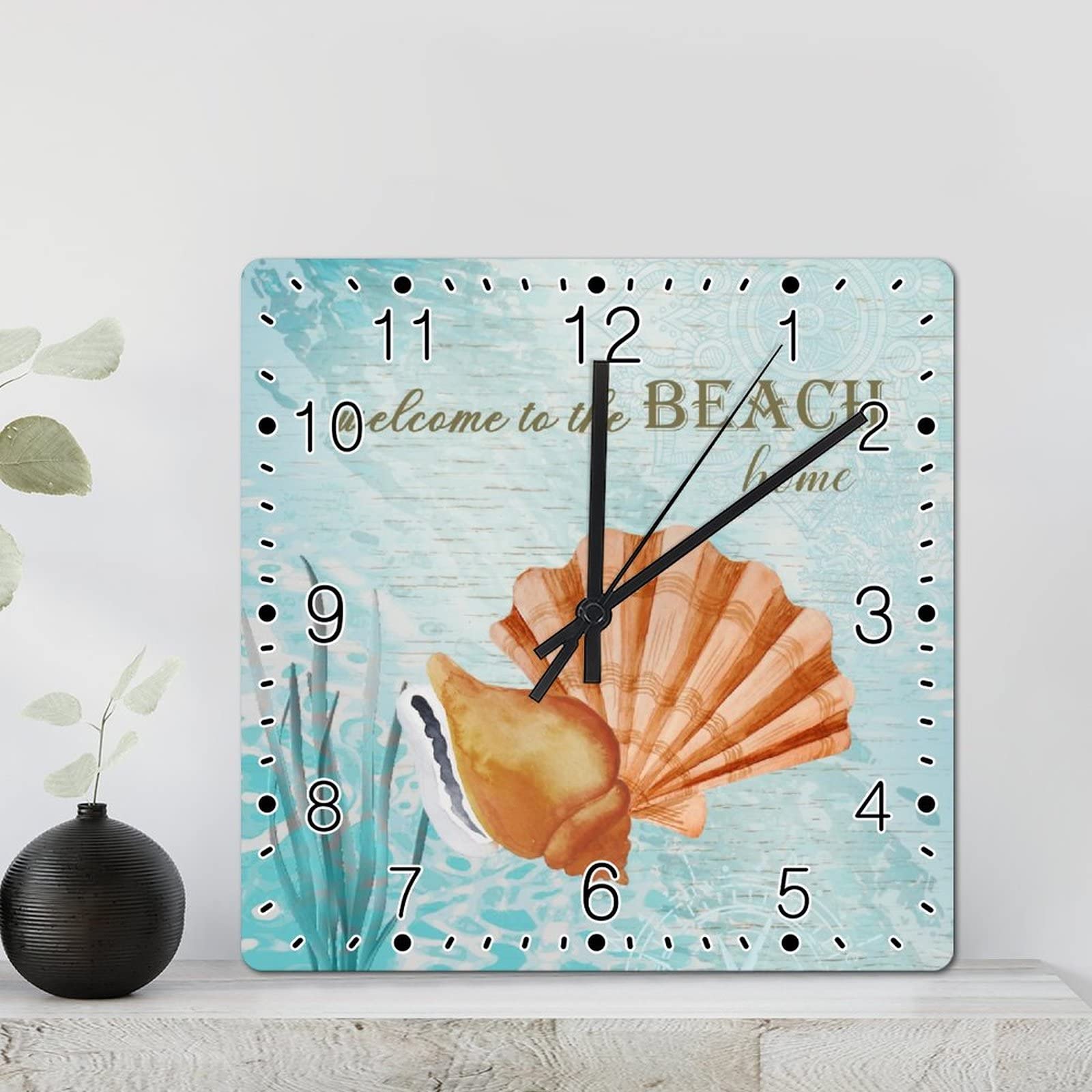 Horloge murale océan carrée bois 30,5cm pendule silencieuse pile salon rustique