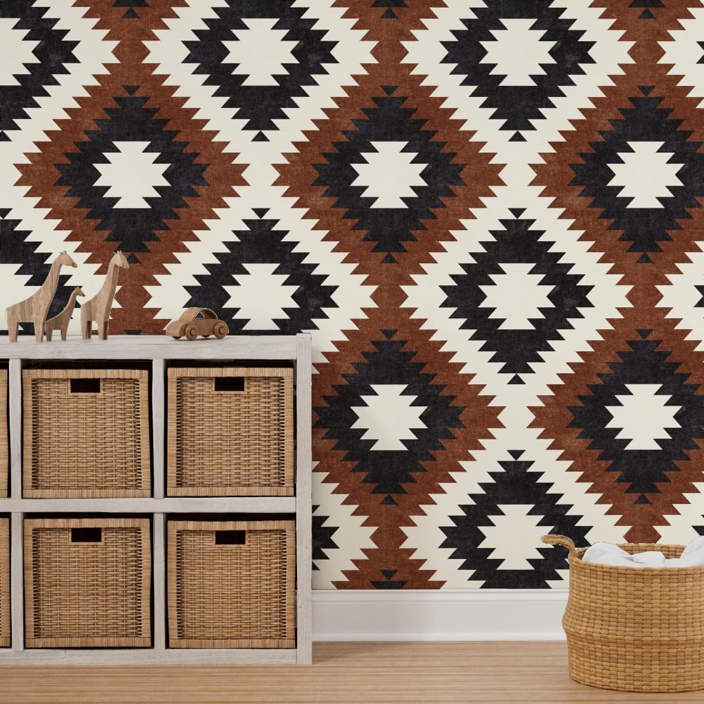 Removable Wallpaper 9ft x 2ft - Small Scale Neutrals Brandywine Cream Trendy Neutral Rust Tribal Southwest Custom Pre-Pasted Wallpaper by Spoonflower