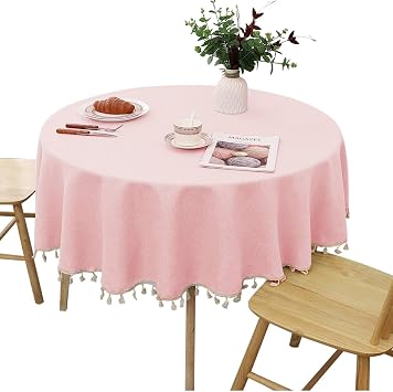 Waterproof & Spill Proof Pink Round Tablecloth - Wrinkle Free Polyester, Solid Color with Tassels Reusable Table Cover for Kitchen Dining DecorPink, Round-62