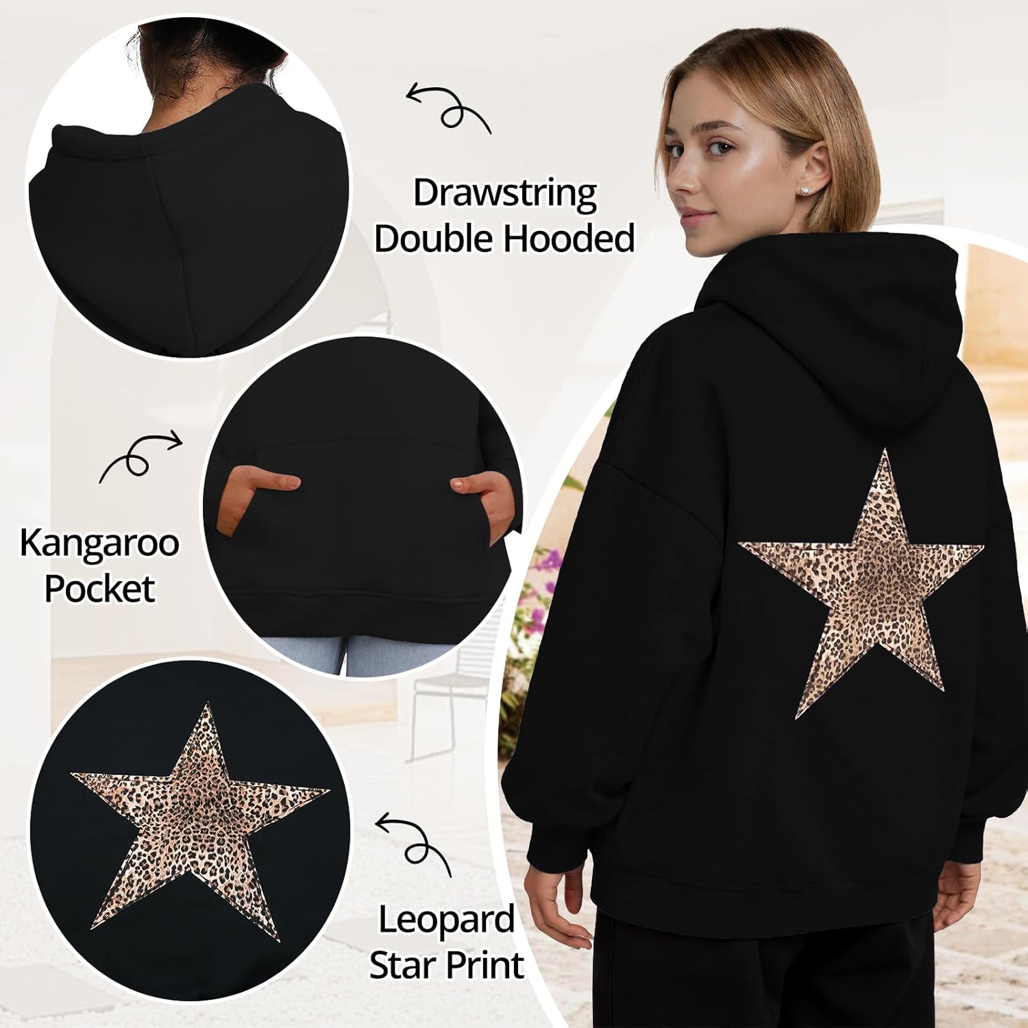 Baonmy Star Graphic Hoodies Y2k Leopard Print Oversized Fleece Hoodie Long Sleeve Pullover Sweatshirt for Women Streetwear - Image 5