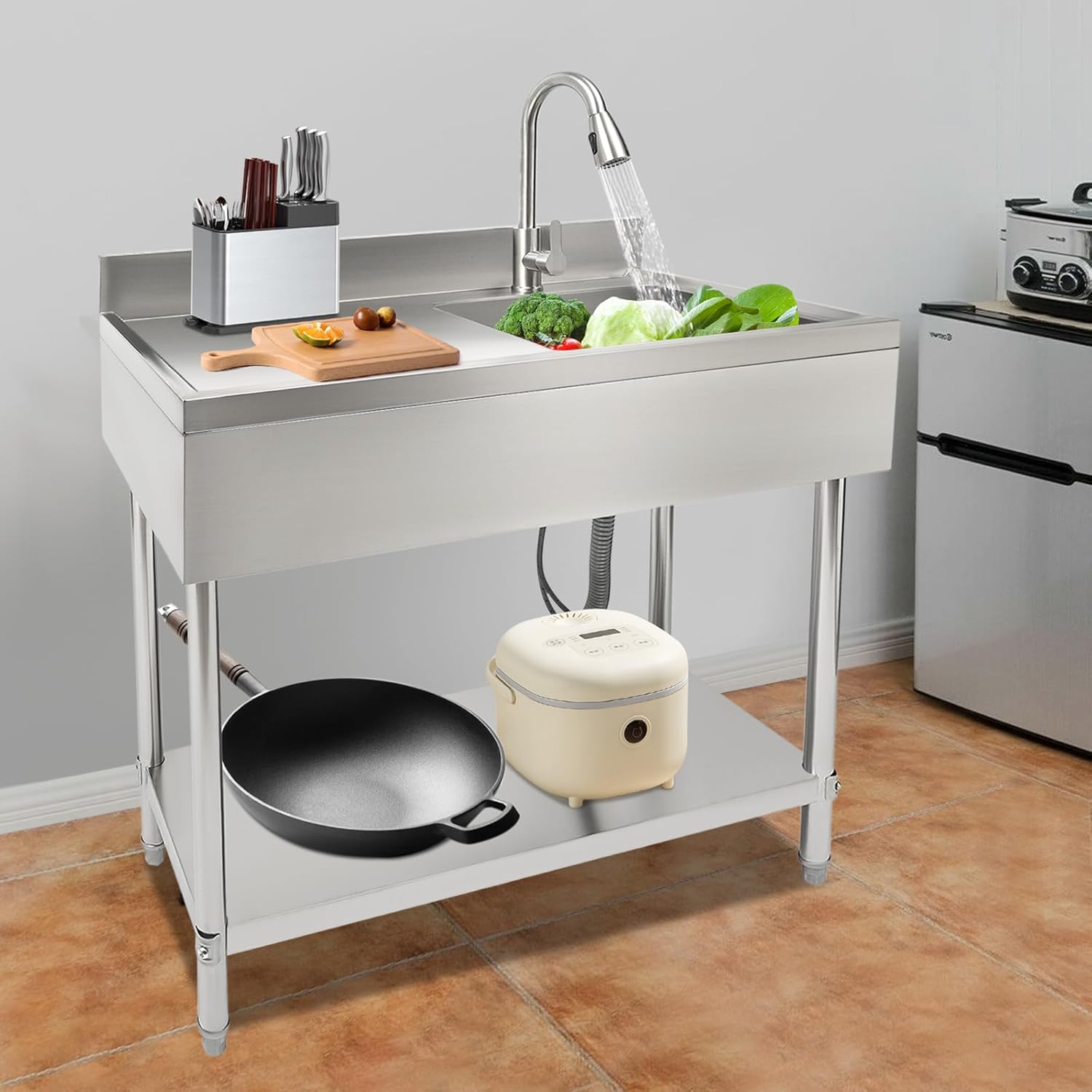 304 Stainless Steel Commercial Utility Sink, Free Standing Kitchen Sink Single Bowl w/Faucet & Drainboard,w/Workbench & Storage Shelves,for Indoor Outdoor
