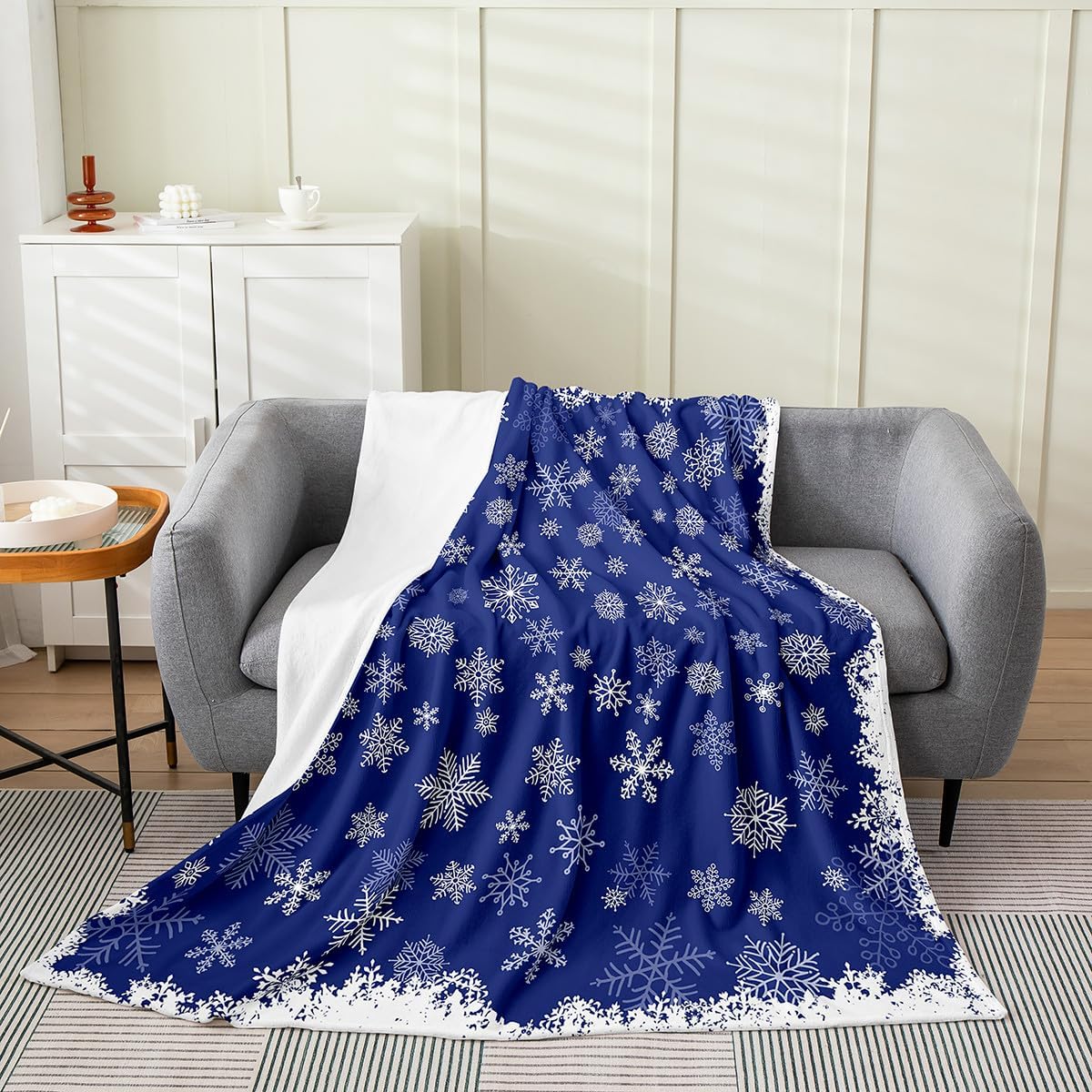 Erosebridal Christmas Snowflake Throw Blanket Queen 90x90,Royal Blue Snowflake Floral Fleece Blanket for Kids Boys Girls,Winter Frozen Snowy Fuzzy Blanket,Xmas Decoration Merry Christmas Blanket