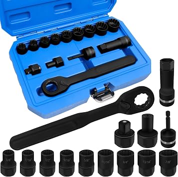 14PCS SAE Pass Through Socket Set, 3/8" Drive Go-Thru Ratchet Kit