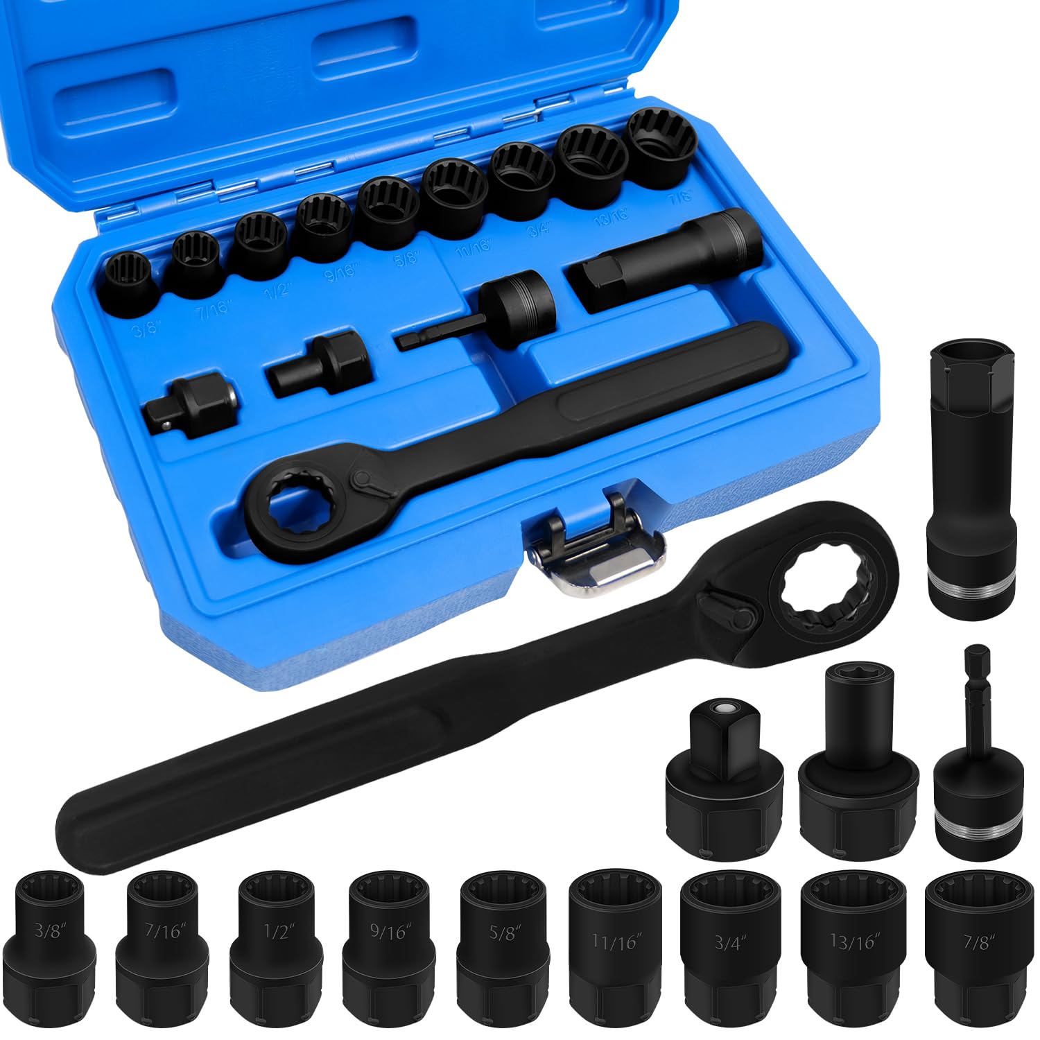 Photo 1 of JEUCLEL 14PCS Pass Through Socket Set, SAE Impact Socket Set, Sockets, Bits, Accessories and 3/8-Inch Drive Adapter Master Socket Kit, Go Through Reversing Ratchet, Extension bar Deep Socket Wrench