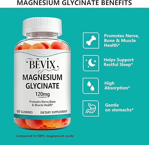 Miniatura 2 de BEVIX Gomitas de glicinato de magnesio, alta absorción de 120 mg para adultos, gomitas complejas de glicinato de magnesio sin azúcar, 60 unidades