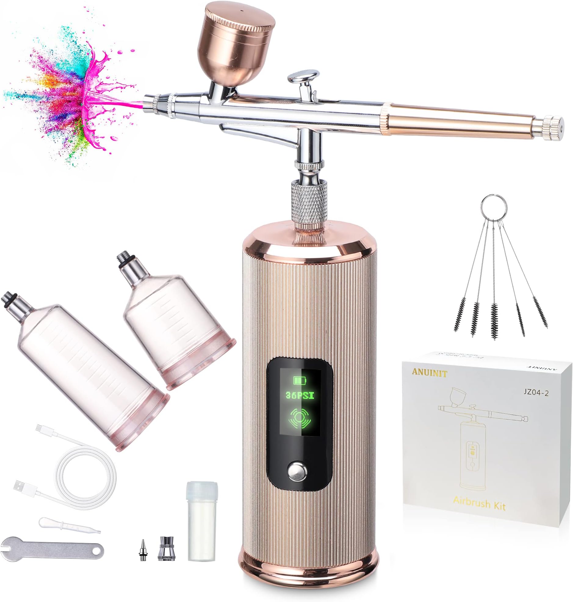 ANUINIT Airbrush Kit with Compressor 36PSI LCD Screen Dual-action Mode Upgraded Cordless Airbrush for Nails, Makeup, Painting, Cake, Artwork Coloring, Portable Handheld Anti-slip Rechargeable Airbrush
