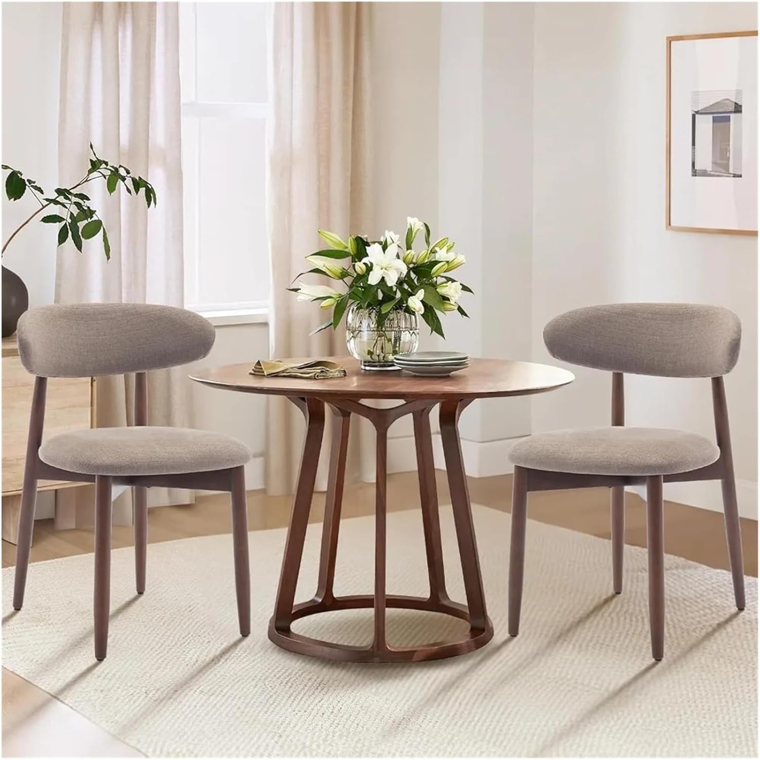 Dining Chairs Outdoor 2pcs Fabric Upholstered Dining Chairs with Curved Backrest Wooden Legs