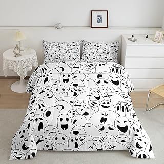 Funny Ghost Bedding Set Twin Size for Kids Boys Girls Room Decor,Black and White Comforter Set 2Pcs,Kawaii Hand Drawn Cartoon Ghost Quilt Set Happy Halloween Duvet Insert,1 Pillowcase