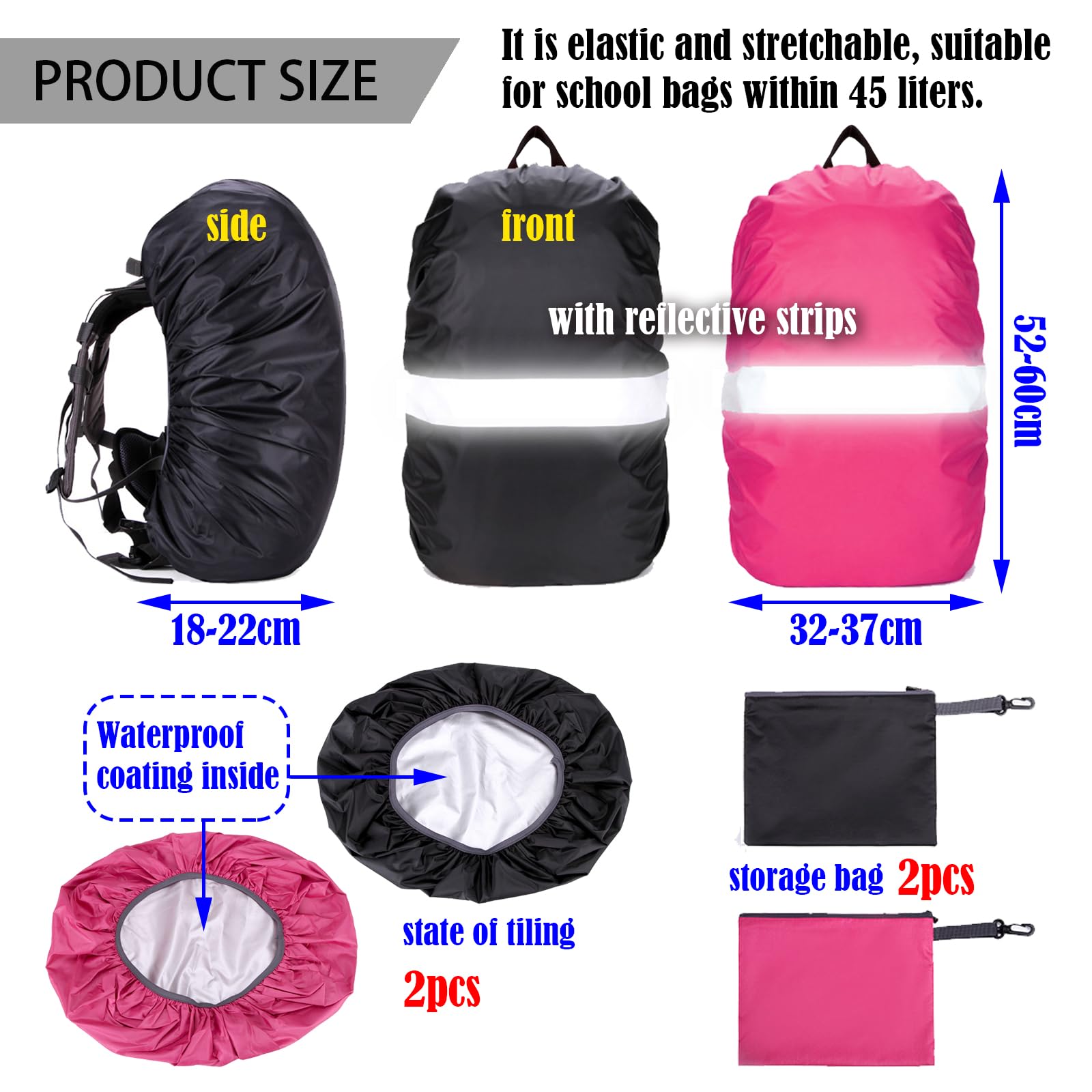 DKDDSSS 2 Pcs Funda Impermeable para Mochila, Reflectante Funda Mochila Impermeable, Cubierta de Bolsa Protector de Lluvia con Banda Reflectante para Camping Senderismo Excursionismo, 40-50L