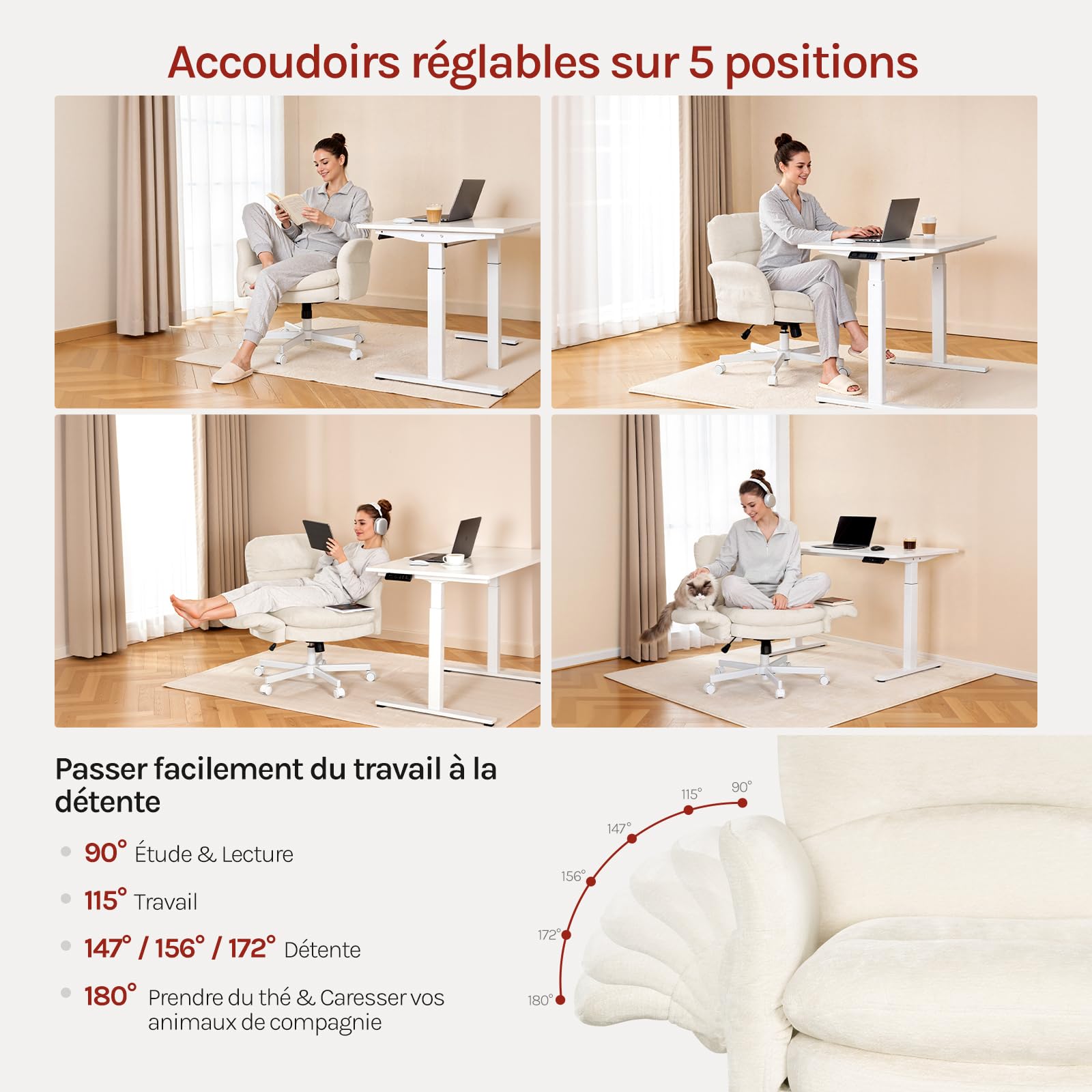 WOLTU Chaise de Bureau, Fauteuil de Bureau Ergonomique, Chenille, Beige | Accoudoirs Réglables sur 5 Niveaux, Pivotant, Double Coussin d'Assise, Poches Latérales et Hauteur Réglable