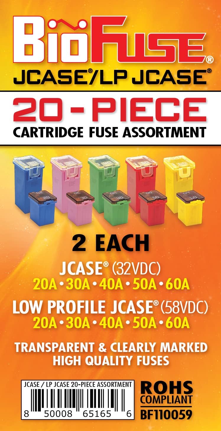 JCASE & LP (Low Profile) JCASE 20-Piece Cartridge Fuse Assortment 20A 30A 40A 50A 60A (2 Each). Fits Most: Nissan, Toyota, Chrysler, Dodge, Chevy, GM, and Ford