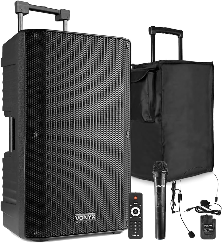 VONYX VSA700-BP Portable PA System with Wireless Microphone, Headset & Speaker Cover - 1000W Battery Powered Speaker for DJs, Karaoke & Events