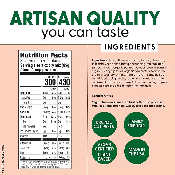 Pastabilities Vegan Ruffles - Mac and Cheese - Family Size Serves 4, Wheat Based Pasta, Delicious Taste, Non GMO, Vegan Pasta and Cheese, 10g of Protein (2 Pack, 8 Oz)