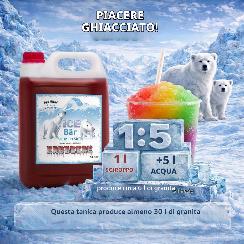 ICE Bär SLUSH Sciroppo 12 Varietà Fruttate Concentrato | Sapore Fragola | Slushy Maker Ice Per Ice Cream Maker Sciroppo Macchina Per Bevande (5L (Confezione Da 1))