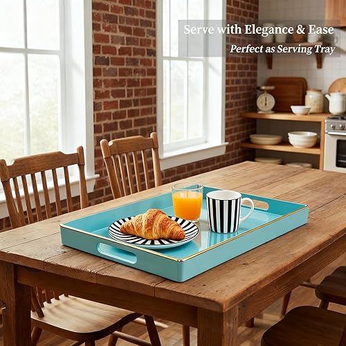 Miniatura 5 de Zosenley - Bandeja decorativa de plástico con asas, organizador moderno de tocador para baño, cocina, otomano y mesa de café (Azul, Rectangular)