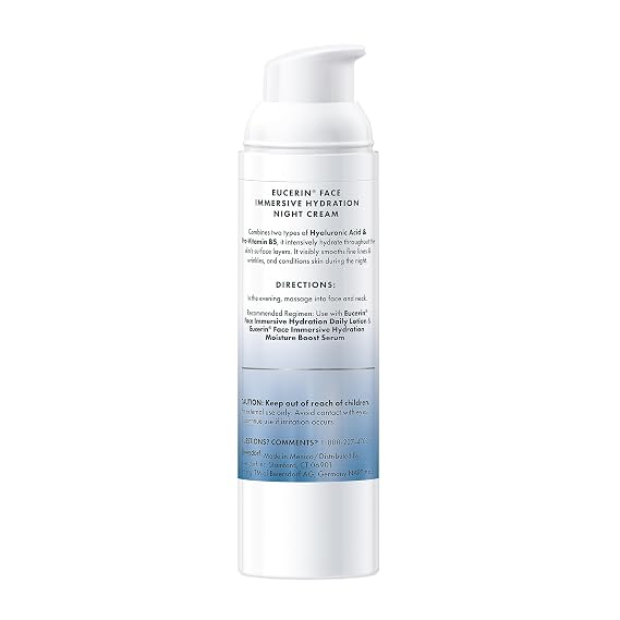 Eucerin Face Immersive Hydration Night Cream with Hyaluronic Acid and Provitamin B5, Ultra-Lightweight Face Moisturizer Smooths Fines Lines and Wrinkles, 2.5 Oz Bottle