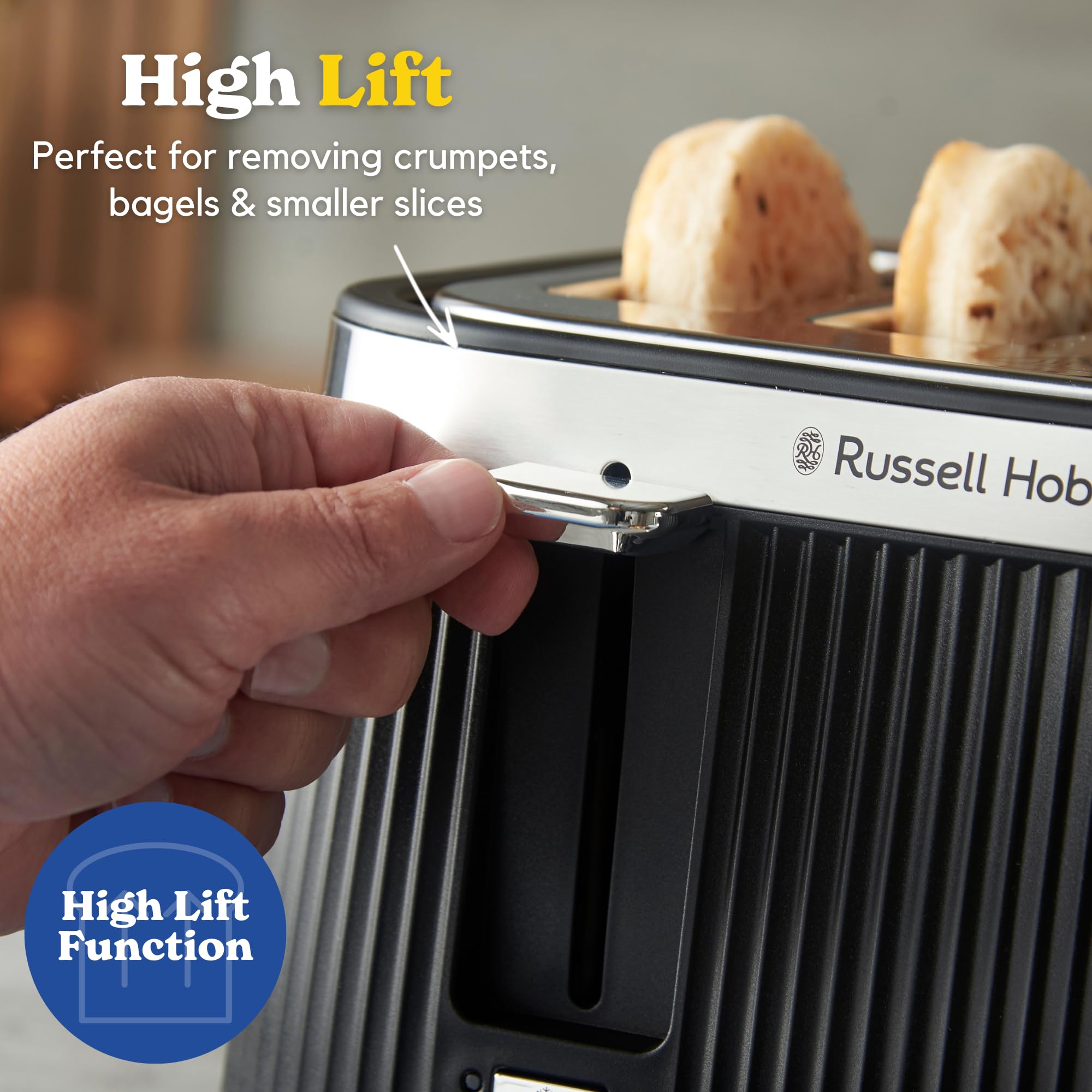 Russell Hobbs Tostadora de 4 rebanadas [1960 W, función de congelación/cancelación/recalentamiento con luz indicadora] Brontë (ranuras extra anchas, 6 niveles de marrón, función de elevación y aspecto