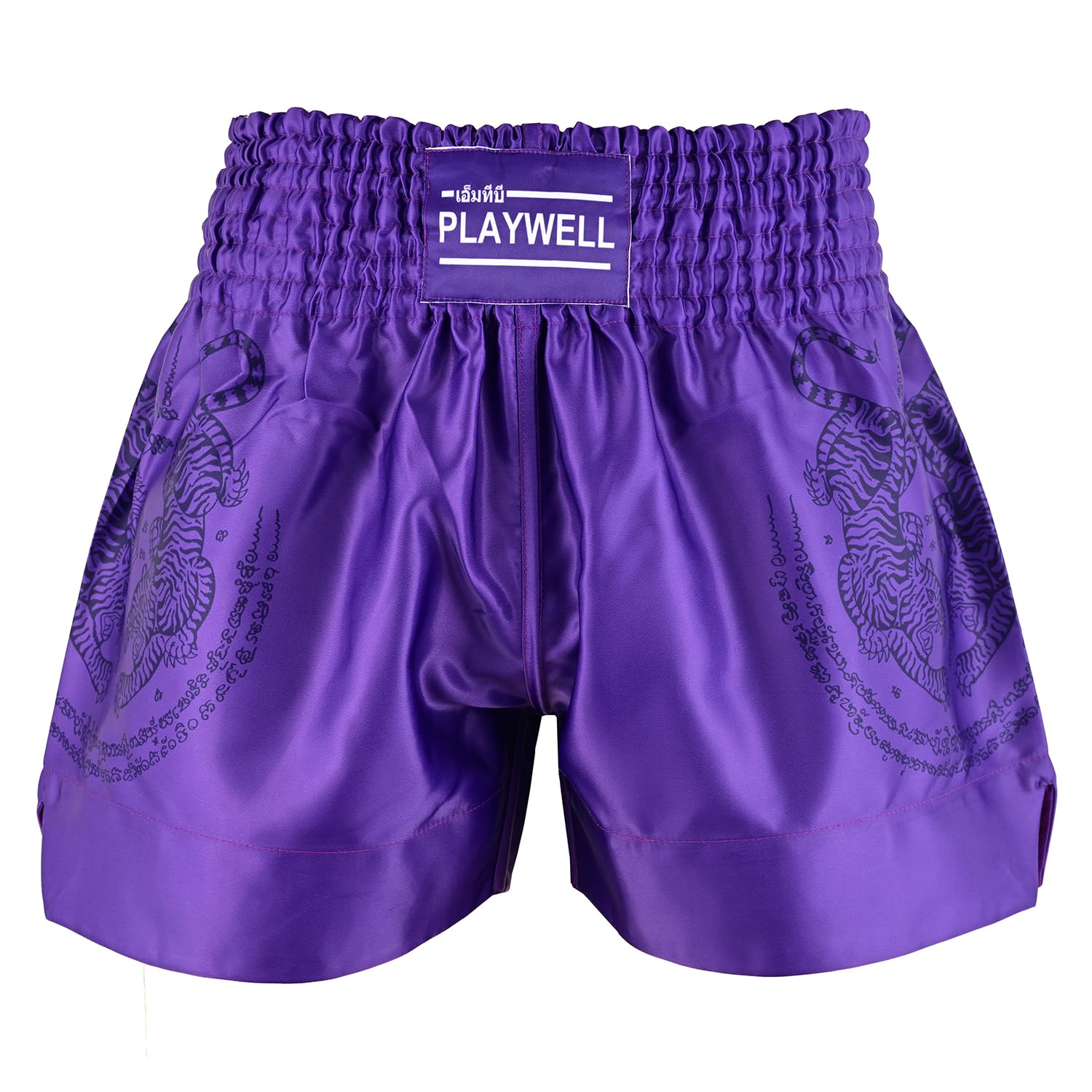 Playwell Unisex Purple Muay Thai Twin Tiger Satin Sak Yant Competition Fight Shorts - New (Small)