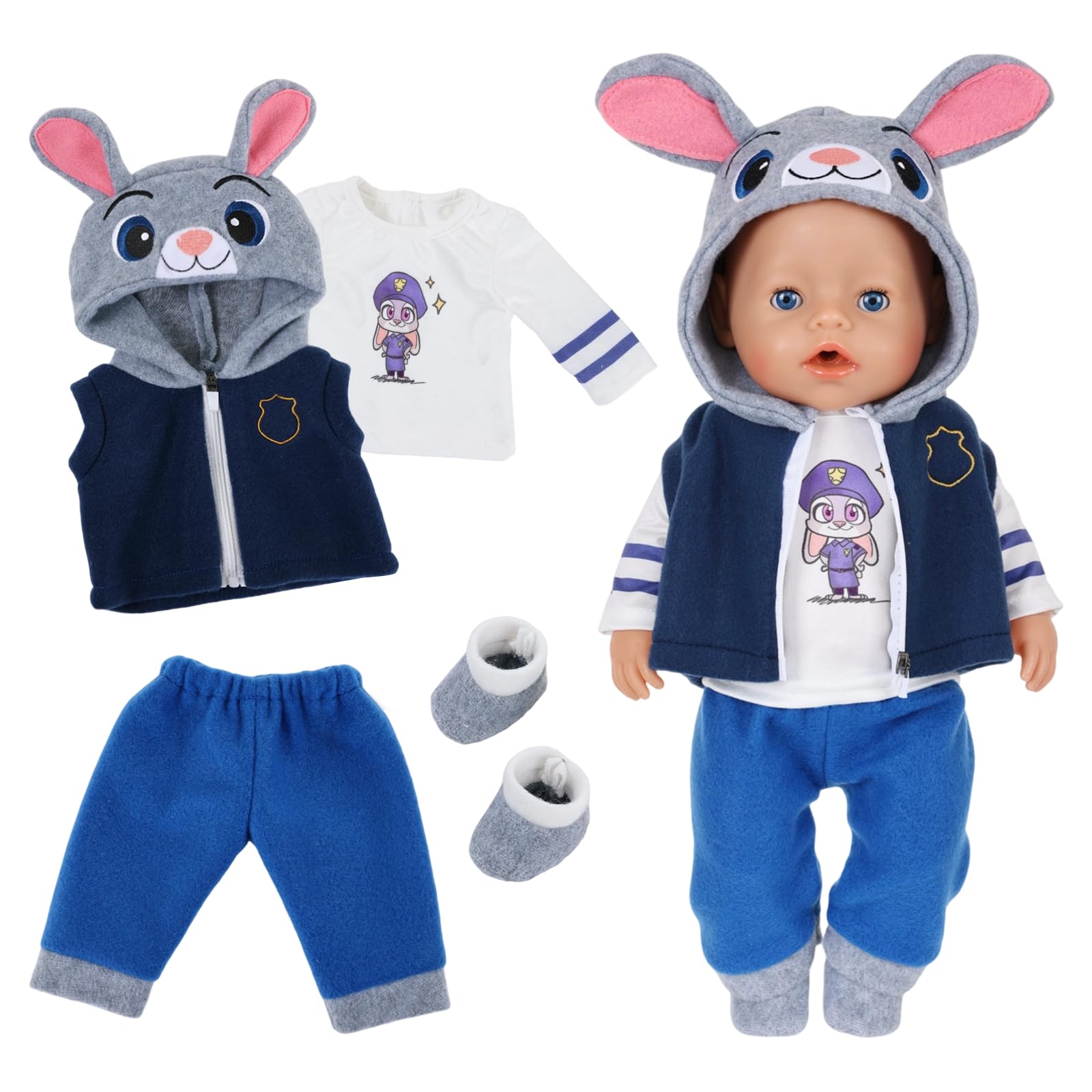Doll Clothes for 14-18 Inch NewBorn Baby Dolls, Baby Doll Clothes Cute Bunny Set with Blue Hoodie Shirt Trousers Socks, Baby Doll Accessories Outfits for 35-43 cm Dolls, Girls Birthday Gifts Kids