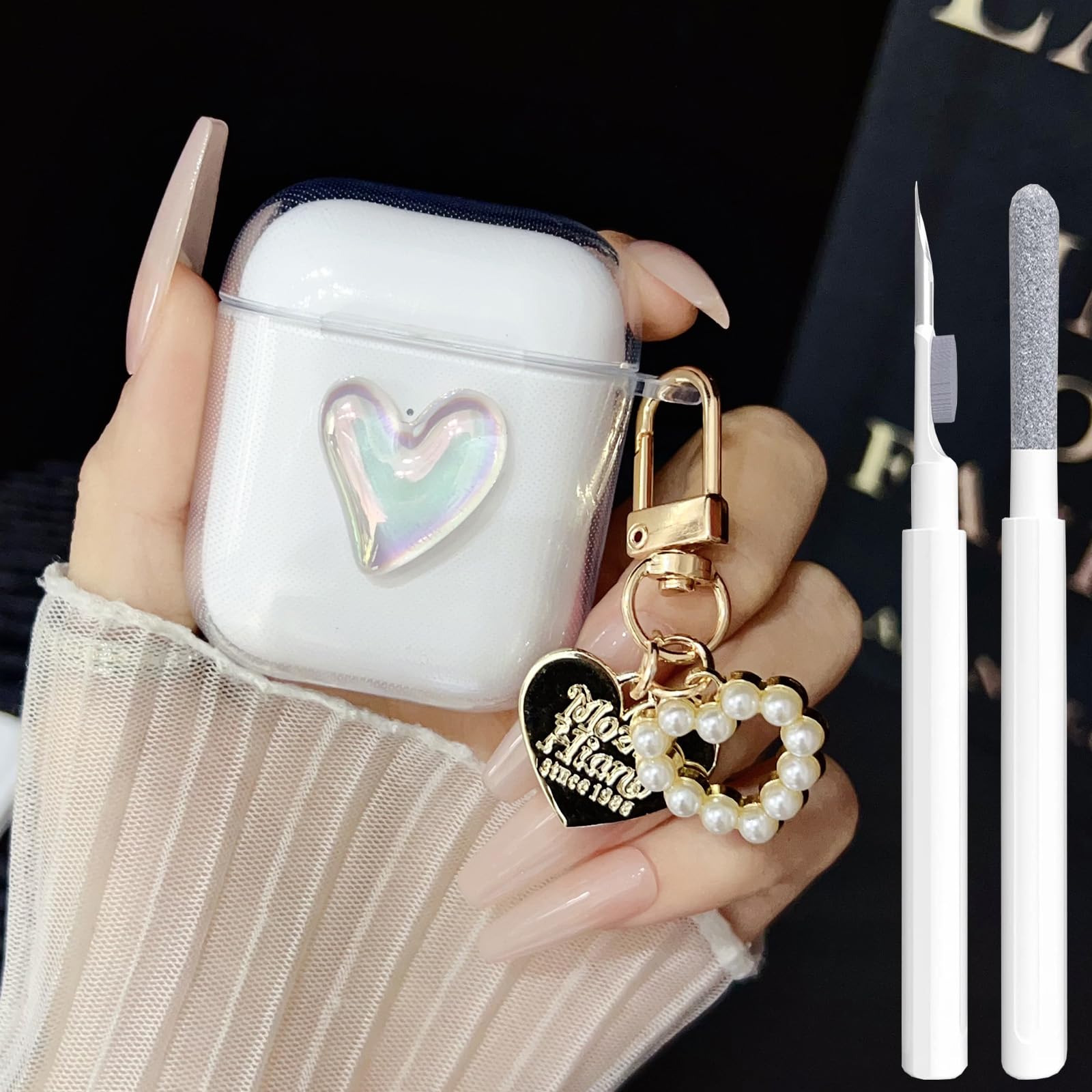 Cute AirPods 2/1 Generation Case Clear, Girly 3D Heart Design Soft TPU Protective Cover Apple iPod 2nd/1st Generation Case with Cleaner Kit & Keychain