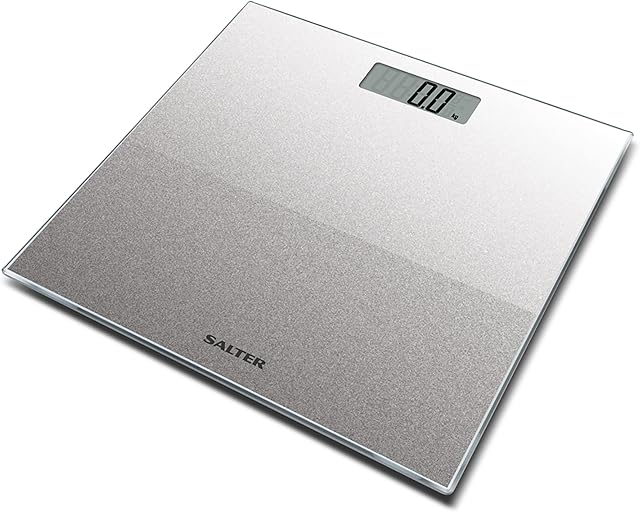 Salter 9037 SVGL3R Silver Glitter Digital Bathroom Scale, Ultra Slim Toughened Glass Platform, Large Easy Read LCD Display & Instant Weight Read Step On Feature, Max Weight 180Kg/ 28st 8lbs