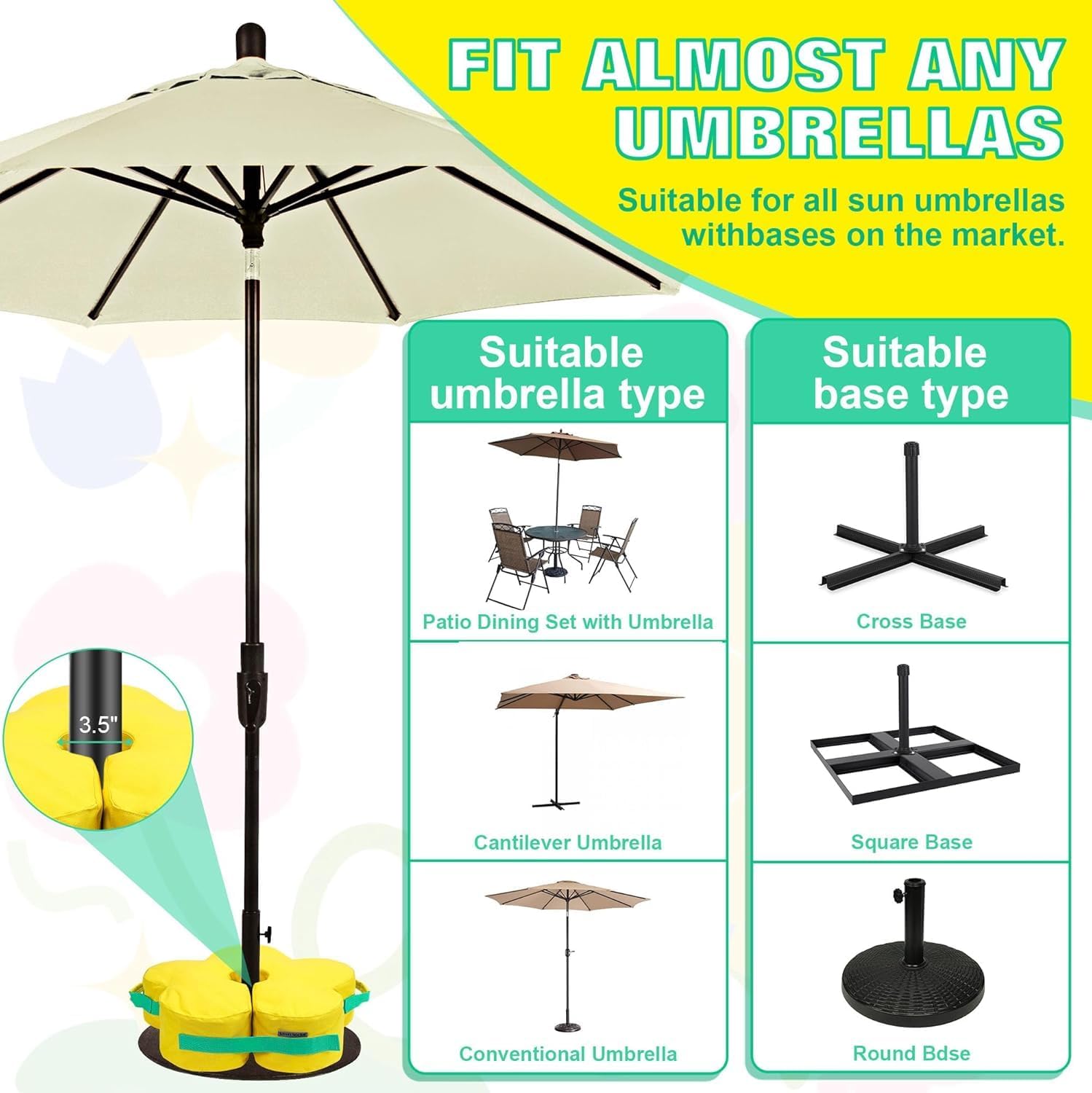 Lawn Social Umbrella Base Weight Bag, Round Heavy Duty Sand Bags for Cantilever Patio Umbrella, Universal Fit for Any Offset Design, Stabilize and Secure Umbrella (Yellow)