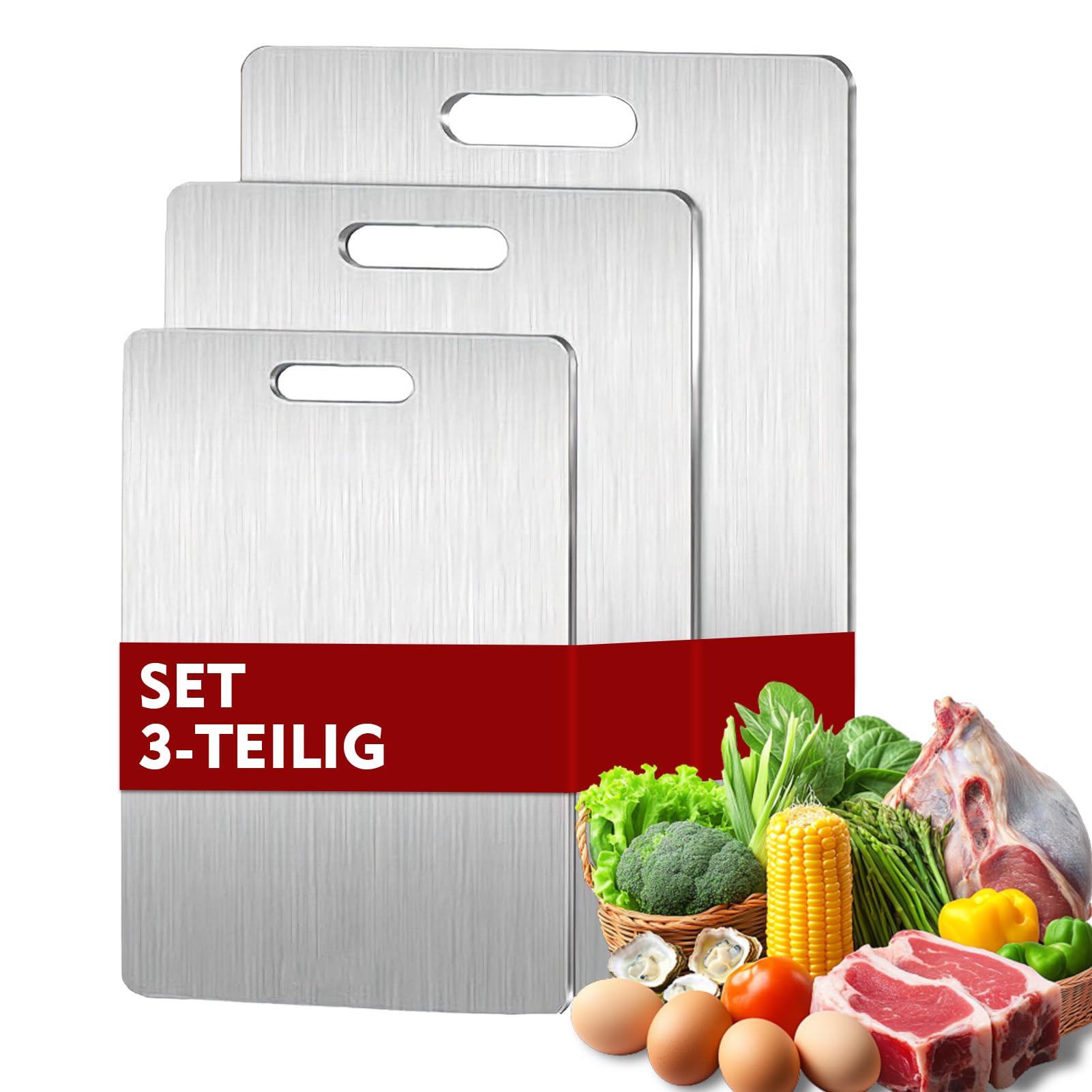 Purpledi Titan Schneidebrett 3 Stück, Edelstahl Anti-Rutsch, Doppelseitig, Lebensmittelecht, BPA-frei, Titan Schneidbrett für Fleisch, Gemüse & Obst, Langlebig, Leicht zu Reinigen, Anti-Schimmel