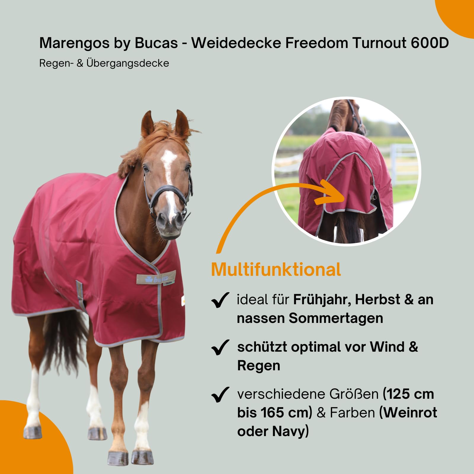 Marengos by Bucas - Weidedecke Freedom Turnout 600D – Regendecke & Übergangsdecke – wasserdichte Pferdedecke mit Innenfutter & Kreuzbegurtung – Weinrot/Dunkelblau – 155cm (ohne Füllung)
