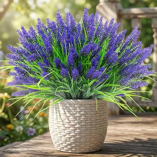 Rowfad 22 Pcs Artificial Outdoor Flowers UV Resistant Lavender Fake Greenery Plants Grass with Purple Flowers for Pot Decor for Window Garden Patio Hanging Planter Pathway Front Porch (22, Purple)