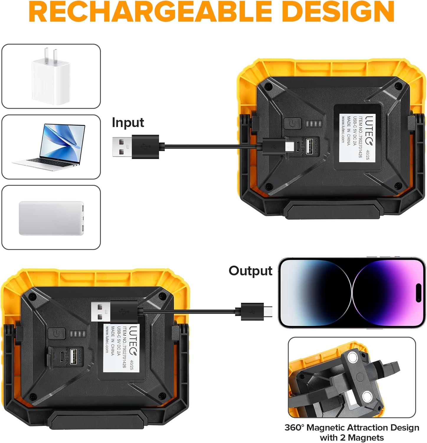 LUTEC 3500LM LED Work Light, Rechargeable Magnetic Work Lights with Stand, Portable 5000K Flood Light for Car Repair, Fishing, Camping, Emergency, Hiking, 3 Modes - Image 6