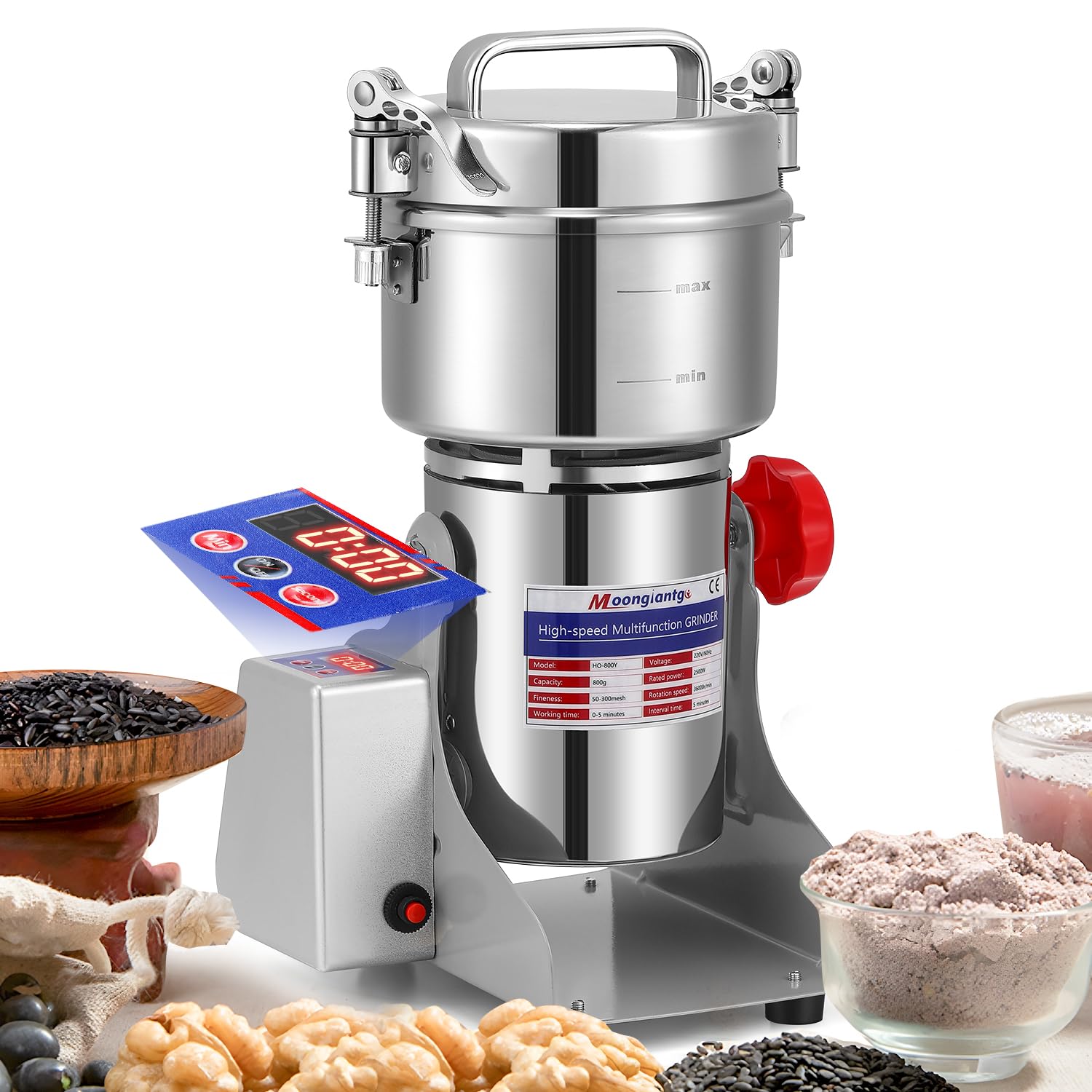 Moongiantgo 800g Grain Mill Electric Digital Grinder Stainless Steel 2500W