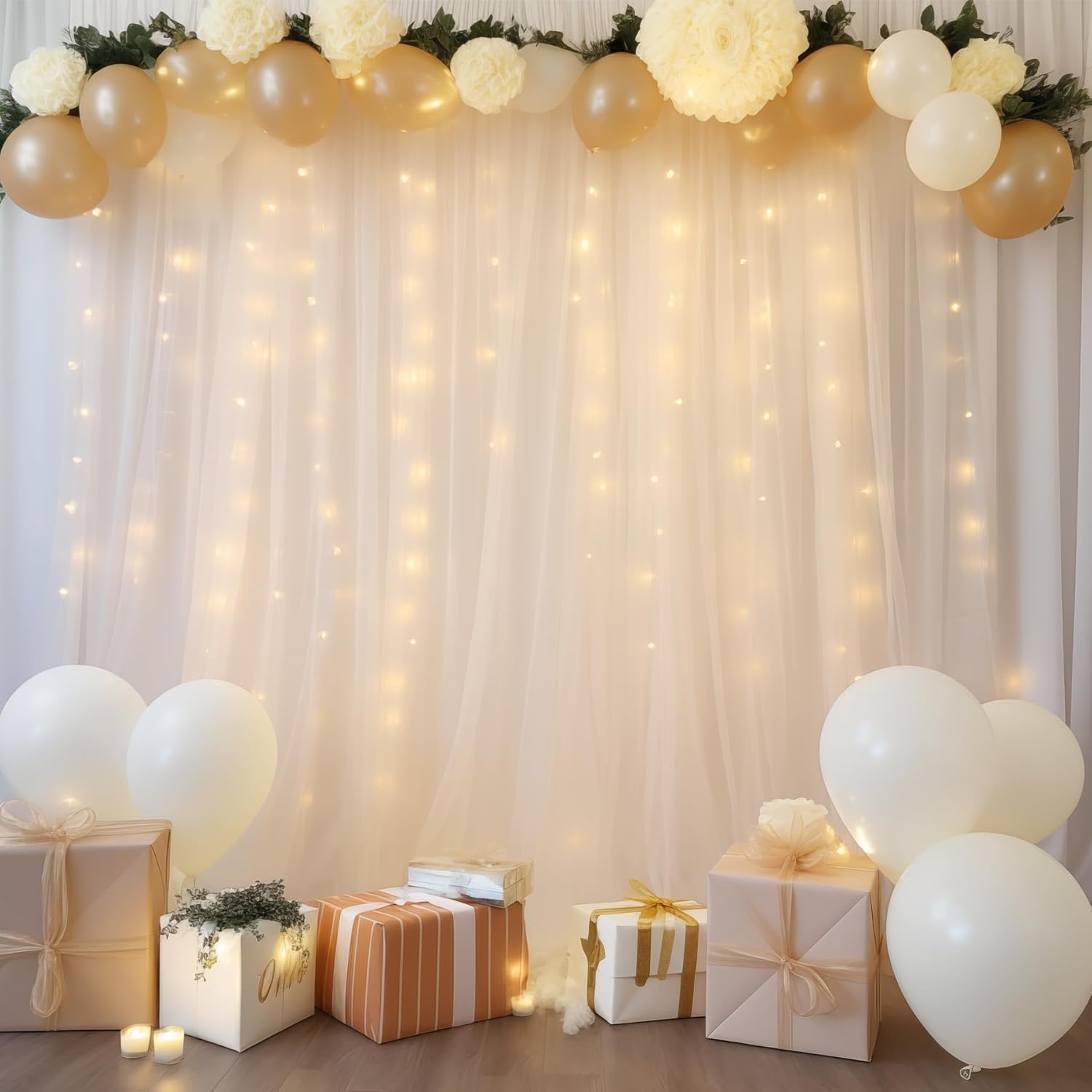 10ft x 8ft White Backdrop Curtains with Lights String for Parties, Sheer Tulle Wedding Photo Backdrops Drapes for Baby Shower Birthday Party Decorations Background for Photography