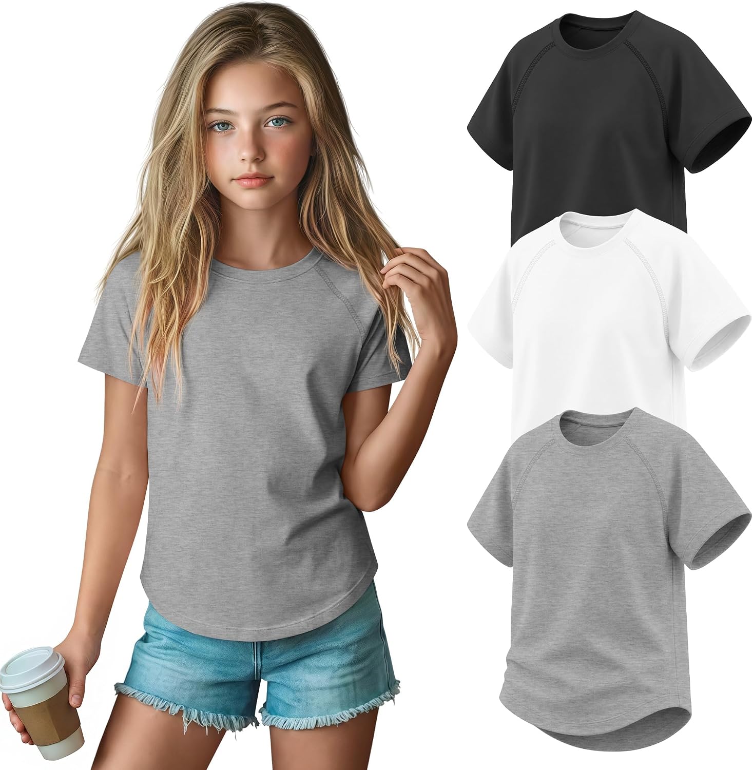 3 Pack Girls' Short Sleeve T-Shirts Loose Fit Crew Neck Tops Raglan Curve Hem Shirts Casual Kids Basic Tees 5-14Y
