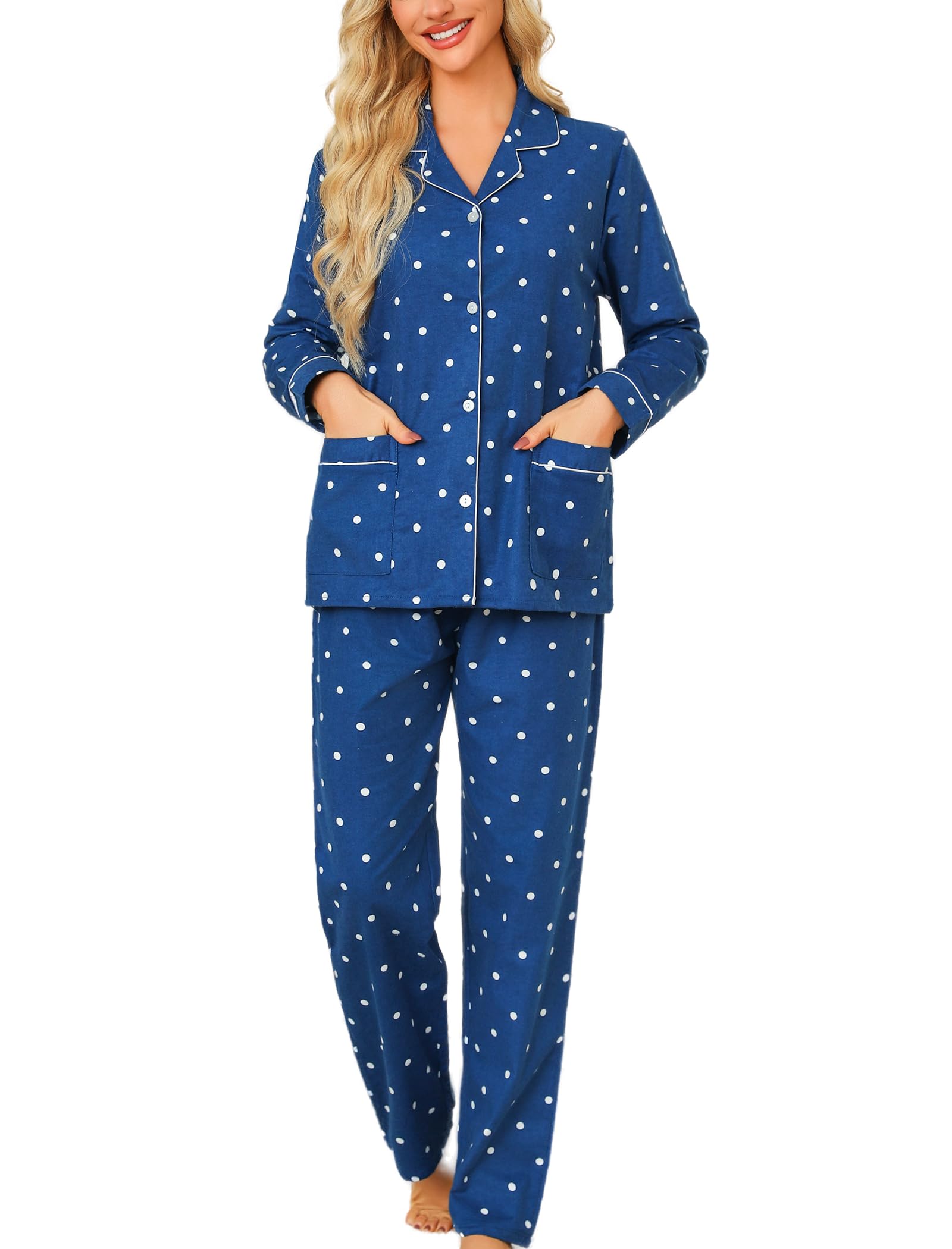 ENJOYNIGHT Womens Pyjamas Cotton Flannel Pajama Set Long Sleeve Button Up Top and Drawstri...