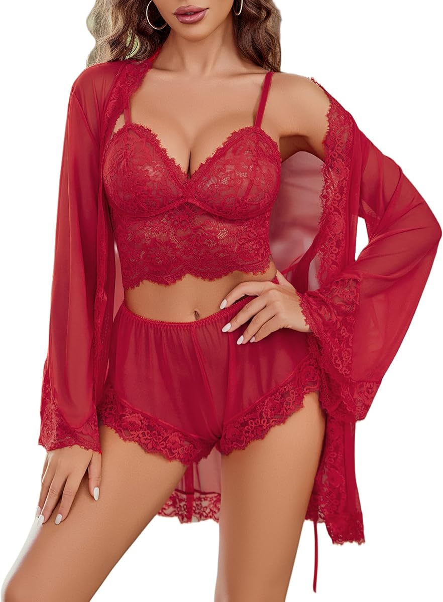 Avidlove Conjunto de lencería sexy para mujer Conjuntos de bralette de encaje y bata de panty de 3 piezas | Conjunto de lencería de 3 piezas, bralette con parte inferior, encaje de pestañas transparente, camisón exótico de malla, ropa de noche de bodas, regalo de San Valentín