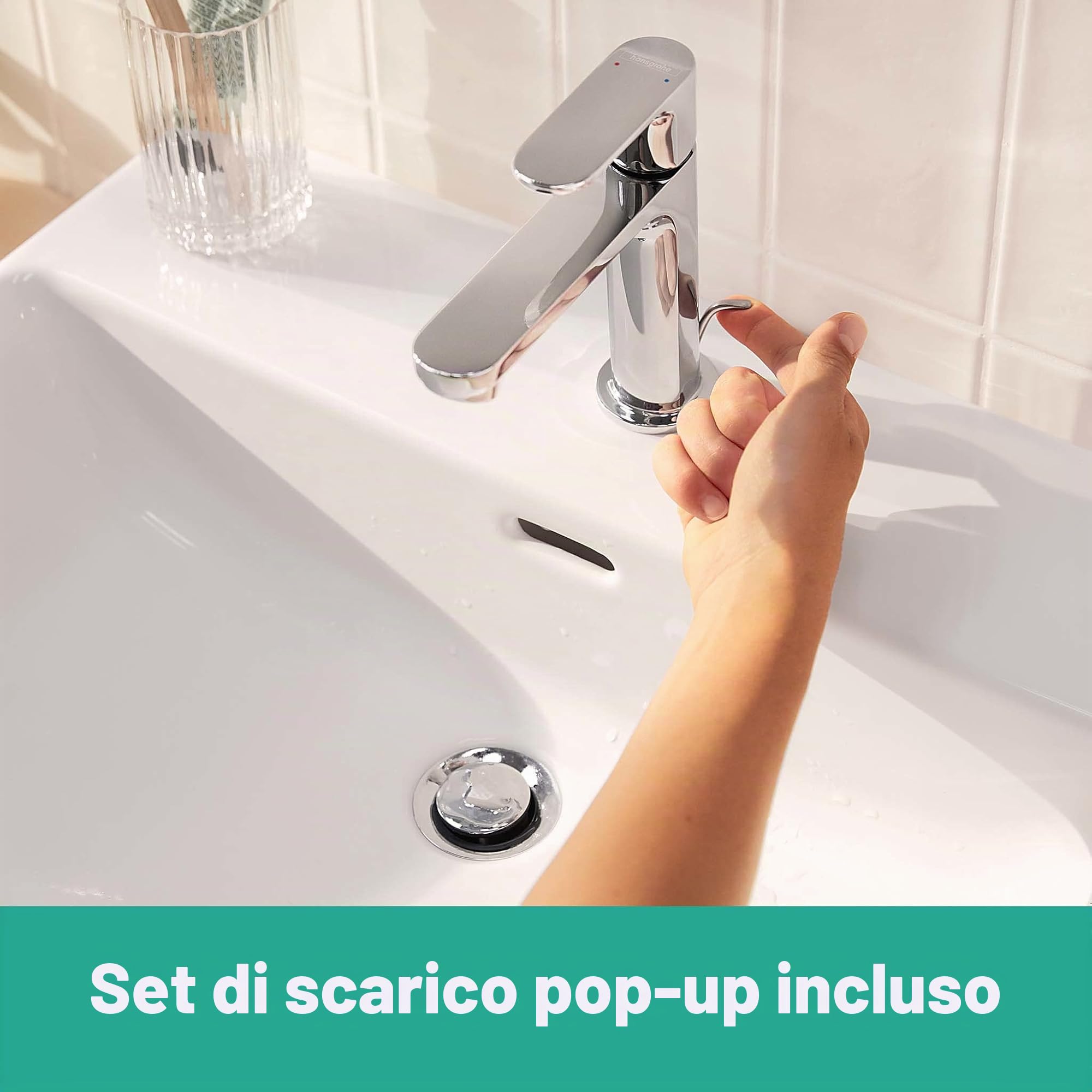 hansgrohe Rebris S - Rubinetto per lavabo con scarico a tirante, Miscelatore lavabo risparmio idrico (EcoSmart) con altezza bocca 109 mm, cromo, 72517000